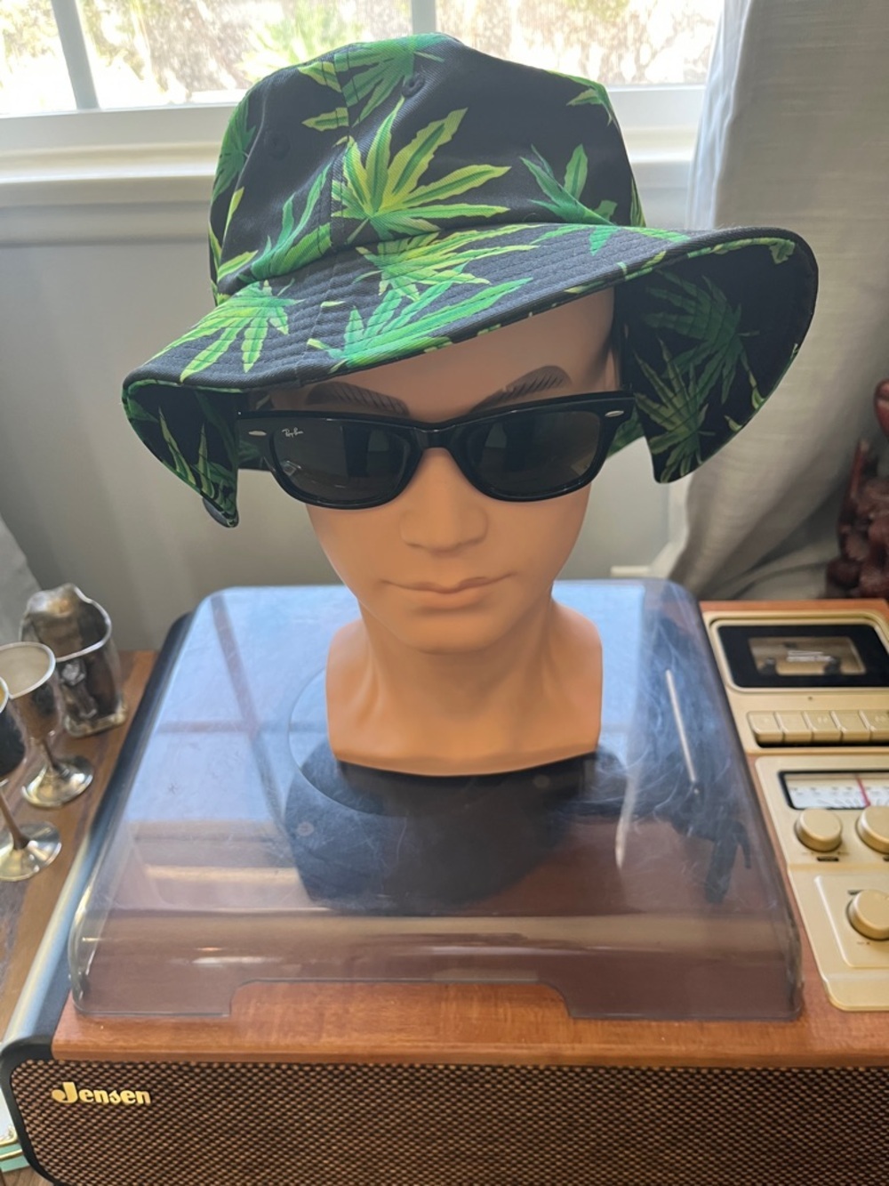 Black Bucket Hat with Green Leaf Print! Happy 429